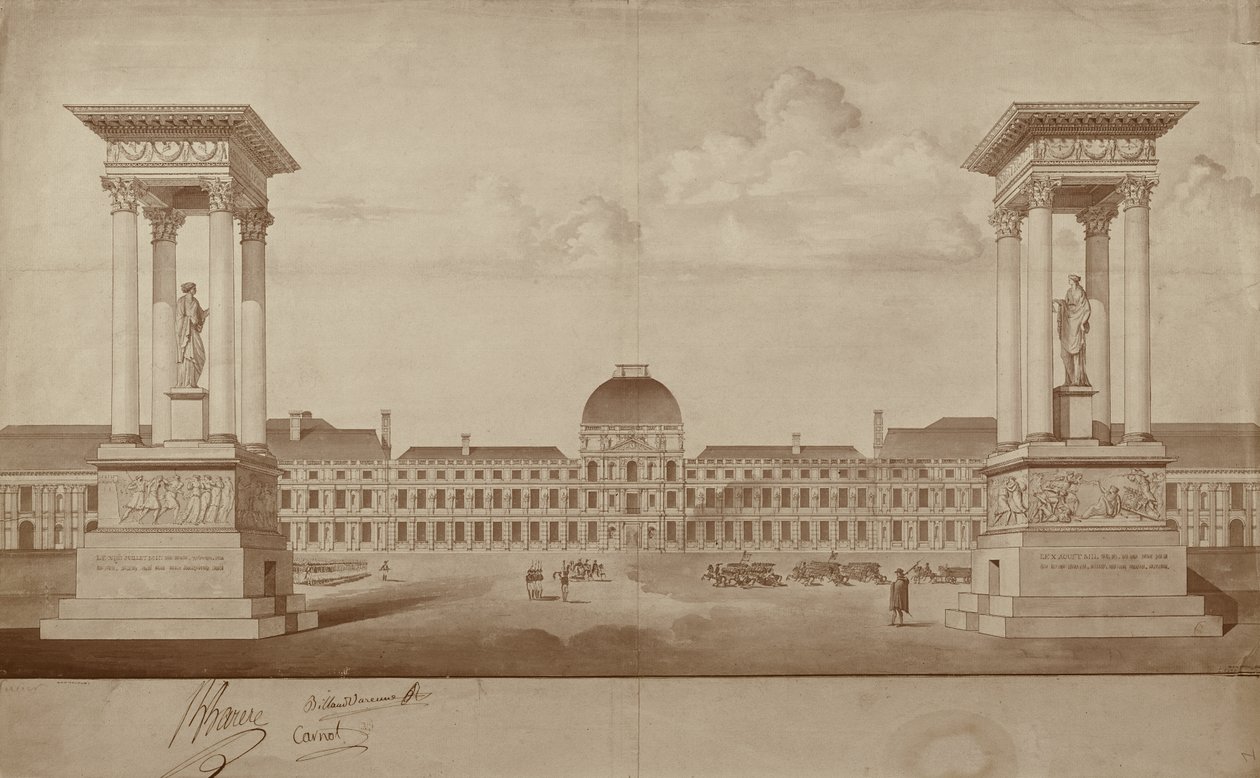 Plano para os monumentos comemorativos de 14 de Julho e 10 de Agosto, a ser colocado na Place du Carrousel (caneta e tinta sobre papel) de Jacques Delannoy