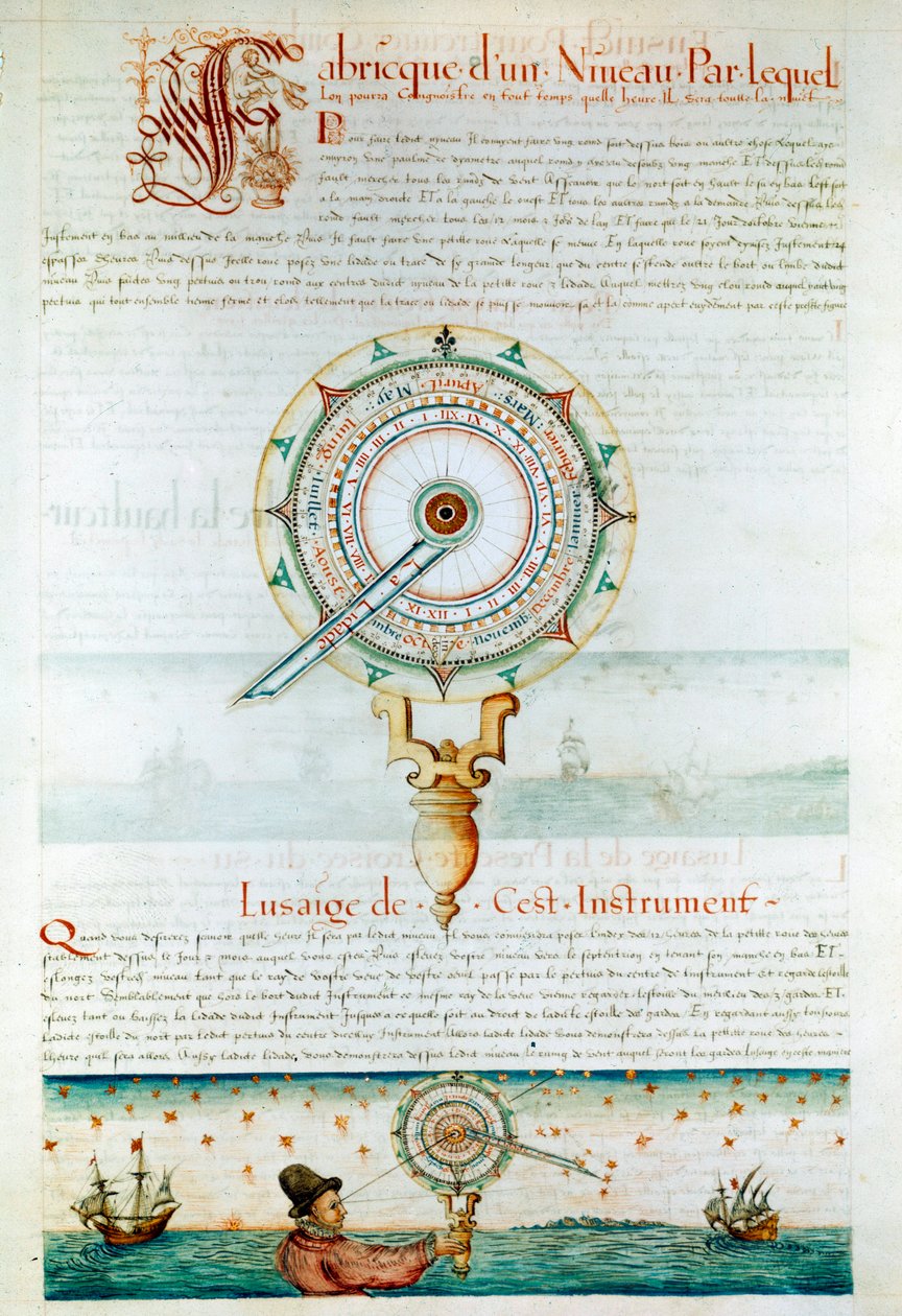 Instrumentos de navegação: navegador que utiliza um astrolábio. Página retirada de "Les Premieres Works de Jacques Devaulx Pilot en la Marine" de Jacques de Vaulx (século XVI) de Jacques Devaulx