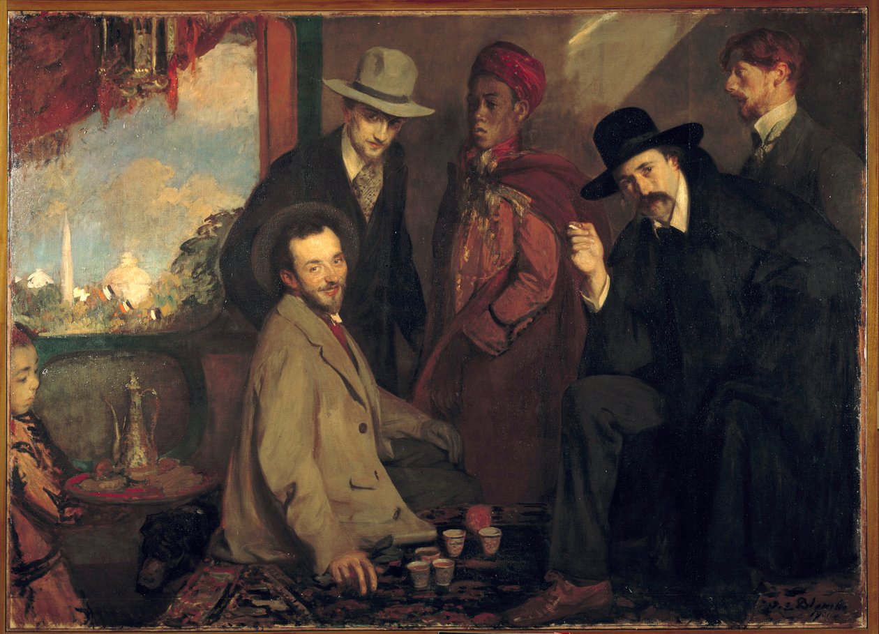 André Gide e seus amigos no Café Maure da Exposição Mundial de 1900 (Eugene Rouart; Charles Chanvin; Athman Ben Salah; Henri Gheon) Pintura de Jacques Emile (Jacques-Emile) Blanche (1861-1942) 1900 Sol. 1,56x2,2 m Rouen, Musee des Beaux Arts de Jacques Emile Blanche