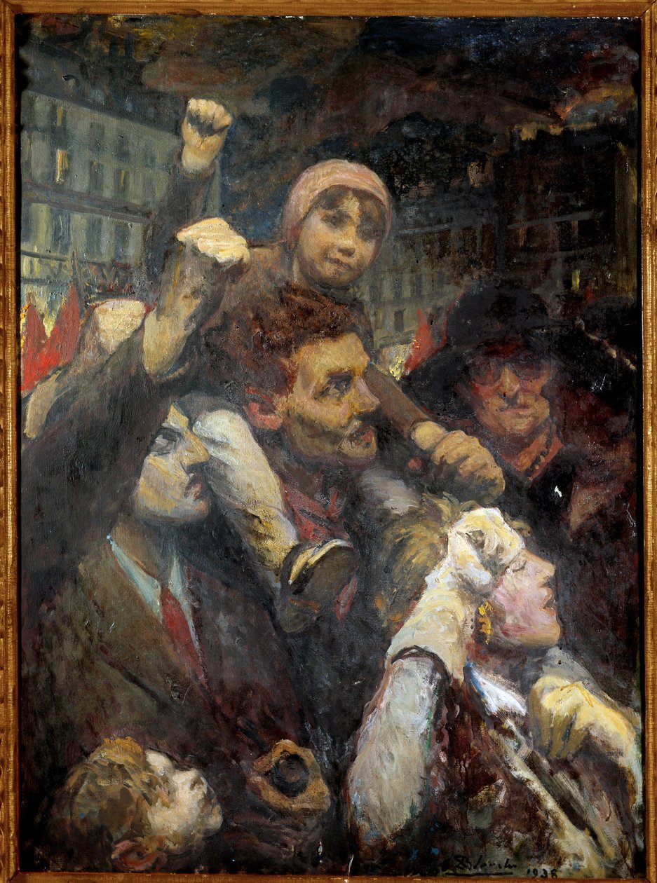 Frente Popular: "Manifestação Popular em Paris, em 1938". Parisienses de todas as idades levantam os punhos como um sinal de compromisso político de esquerda nas ruas de Paris. Pintura de Jacques Emile (Jacques-Emile) Blanche (1861-1942) 1938 Sol. 1,15x0,4 de Jacques Emile Blanche