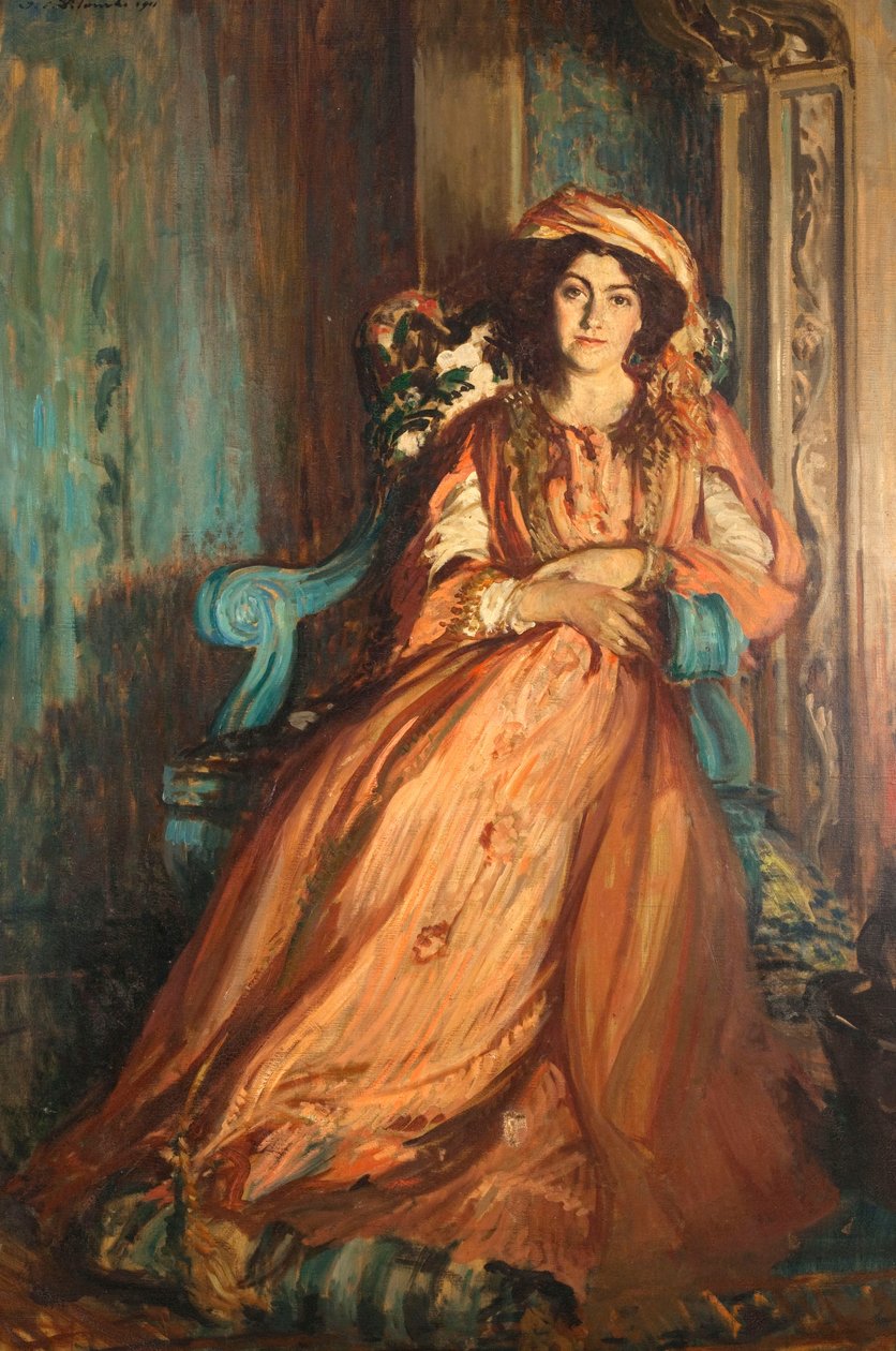 Retrato de Mabel Dodge Luhan 1879-1962, na Villa Curonia, perto de Florença, 1911. de Jacques Emile Blanche
