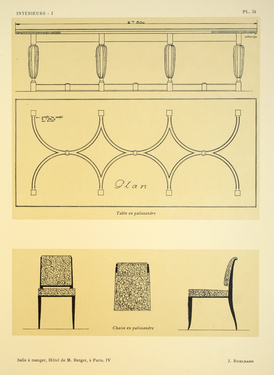 Sala de jantar IV, M. Berger Hotel, Paris, ilustração de "Interieurs" por Leon Moussinac, bar. Albert Levy, 1924-26 de Jacques Emile Ruhlmann