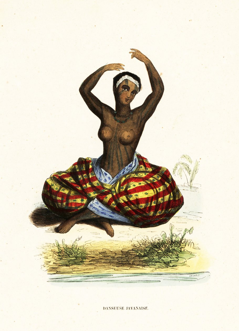Mulher jovem tatuada e descalça dançando um hula enquanto sentada no chão de Jacques Etienne Victor (after) Arago