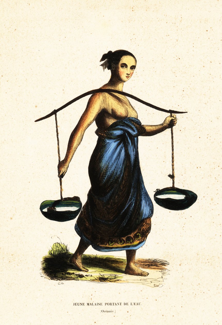 Jovem mulher malaia carregando palas de água com um jugo de Jacques Etienne Victor (after) Arago