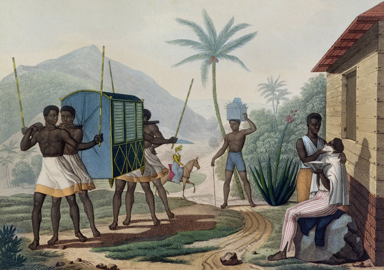 Um palanquim sendo levado na Ile de France, de "Viagem ao redor do mundo nas corvetas de Urania 1817-20", gravado por Choubard, publicado em 1825 de Jacques Etienne Victor Arago