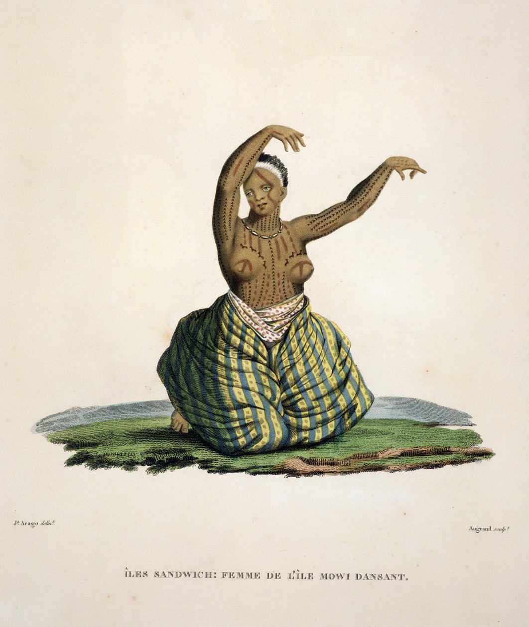 Dança mulher da ilha de Maui, nas ilhas havaianas, gravada por Parfait Augrand (n.1782) de Jacques Etienne Victor Arago