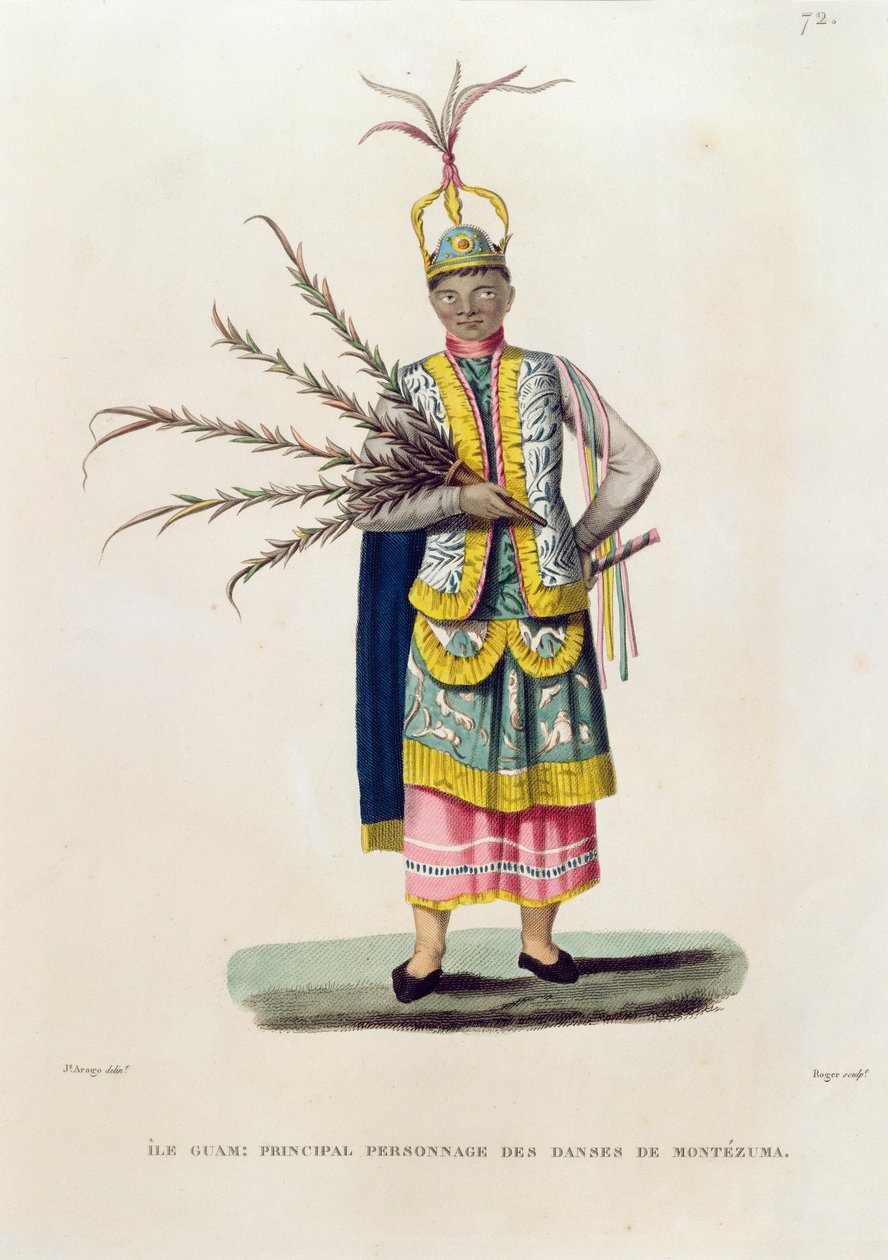 Ilha de Guam: Personagem Principal das Danças de Montezuma, de &39;Viagem ao Redor do Mundo nas Corvetas de Urania 1817-20&39; gravado por Roger, publicado em 1825 de Jacques Etienne Victor Arago
