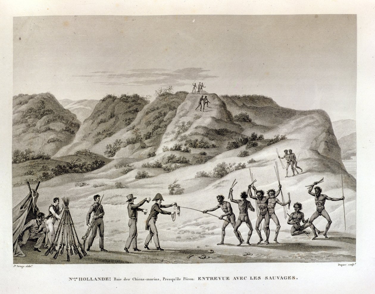 Baía dos Tubarões, Península de Perón, Nova Holanda: Encontro com os nativos, de &39;Viagem ao redor do mundo nas corvetas de Urania 1817-20&39; gravado por Dupare, publicado em 1825 de Jacques Etienne Victor Arago
