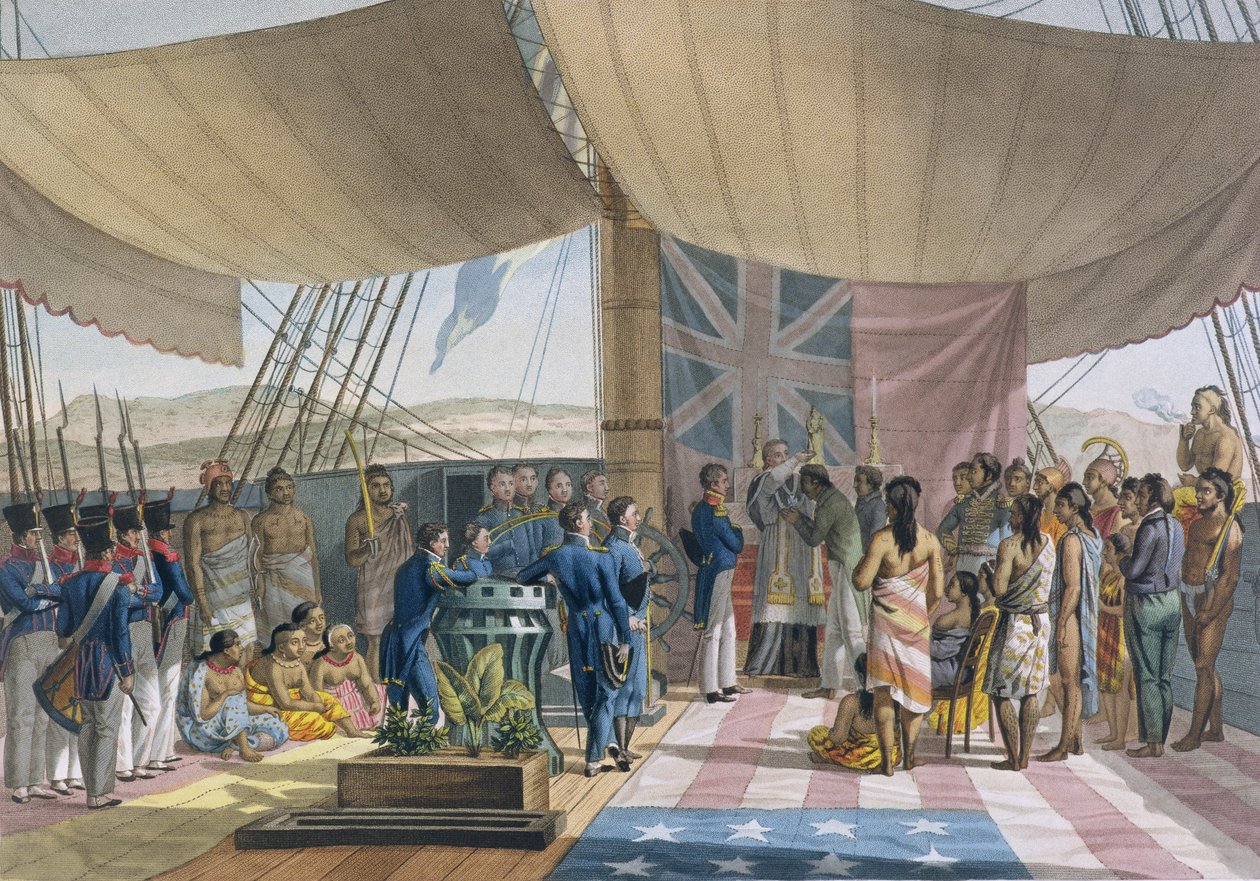 As Ilhas Sandwich: O Batismo dos Reis Primeiro Ministro a bordo do Uranie, da Viagem ao Mundo das Corvetas de LUranie 1817-20 gravada por Lerouge e Forget, publicada em 1825 ( de Jacques Etienne Victor Arago