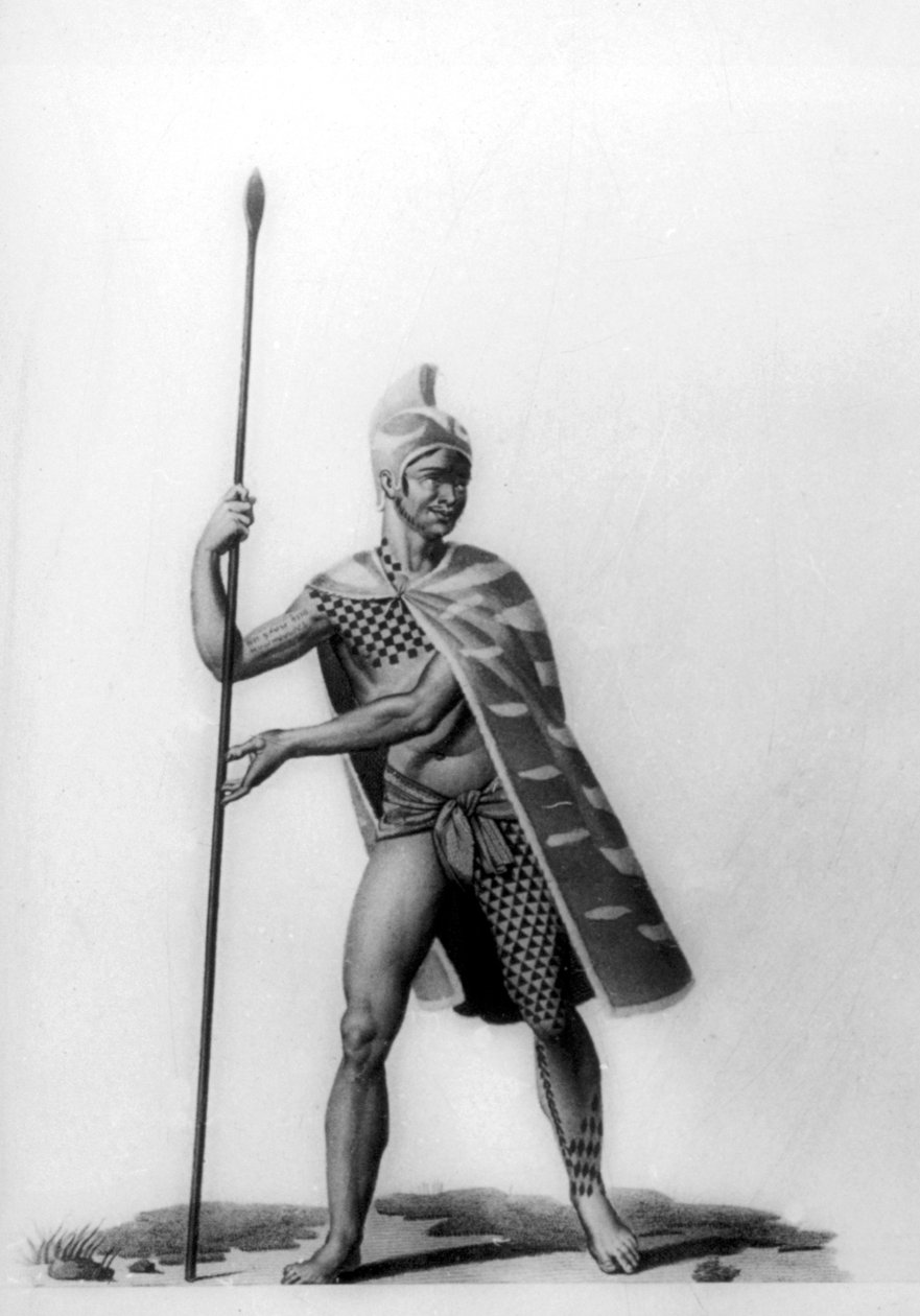 Jovem oficial vestindo uma roupa típica de malo, Havaí, 1819 de Jacques Etienne Victor Arago