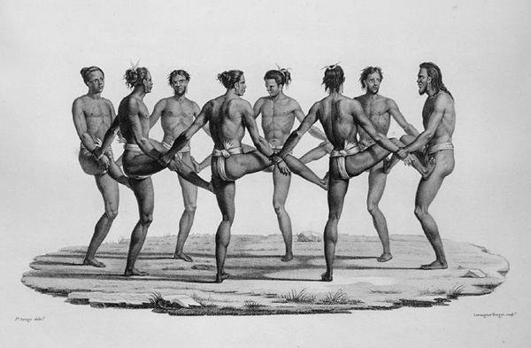 Dança Nativa nas Ilhas Carolinas, de Volta ao Mundo Viagem às Corvetas da Irlanda 1817-20 gravada por Lerouge e Forget, publicada em 1825 de Jacques Etienne Victor after Arago