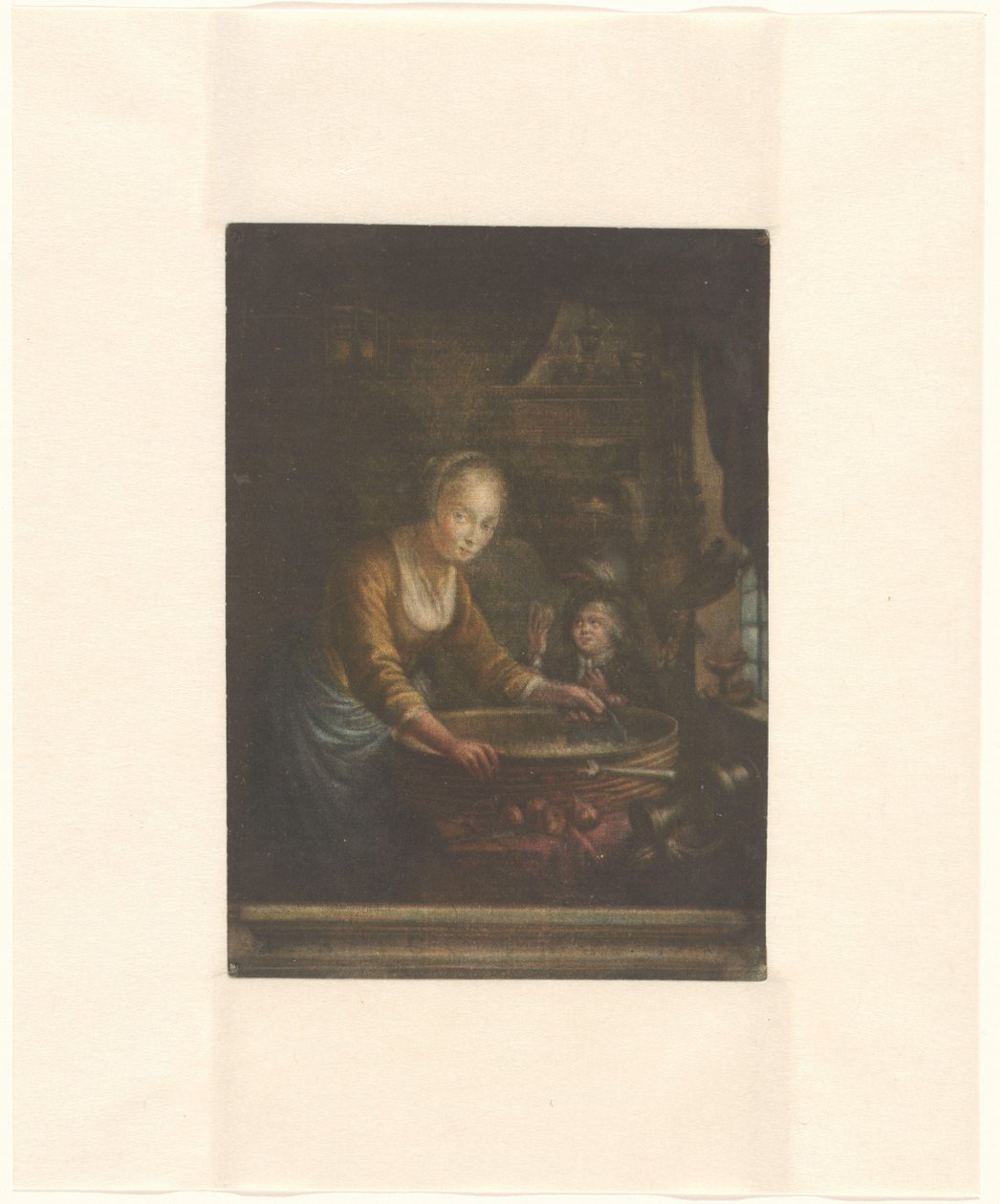 Mulher jovem, a cortar cebola de Jacques Fabien Gautier Dagoty (attributed to)