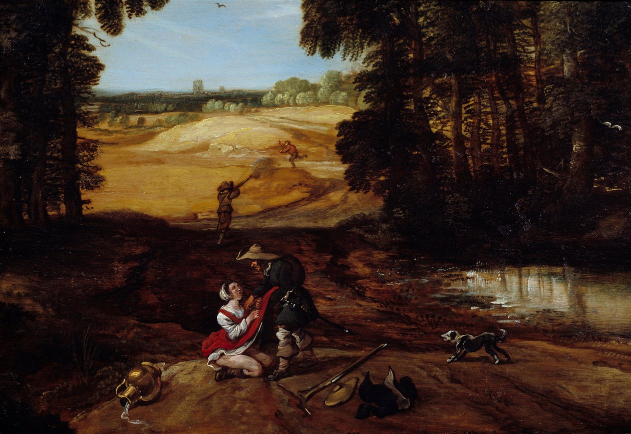 Emboscada. Alguns ladrões na floresta estão a pregar para violar uma mulher. Pintura de Jacques Fouquieres (1580-1659) de Jacques Fouquieres