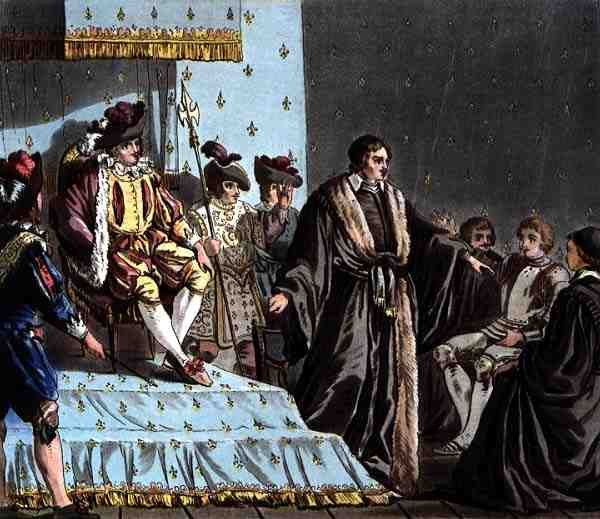O Chanceler François Olivier (n. 1488) confunde os enredos do Embaixador de Fernando I (1503-64), gravado por Jean Baptiste Morret (fl. 1790-1820) de Jacques Francois Joseph (after) Swebach