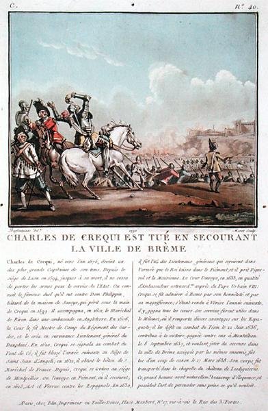 Charles de Crequi (c.1575-1637) é morto durante a libertação da cidade de Breme, gravada por Jean Baptiste Morret (fl.1790-1820) de Jacques Francois Joseph (after) Swebach