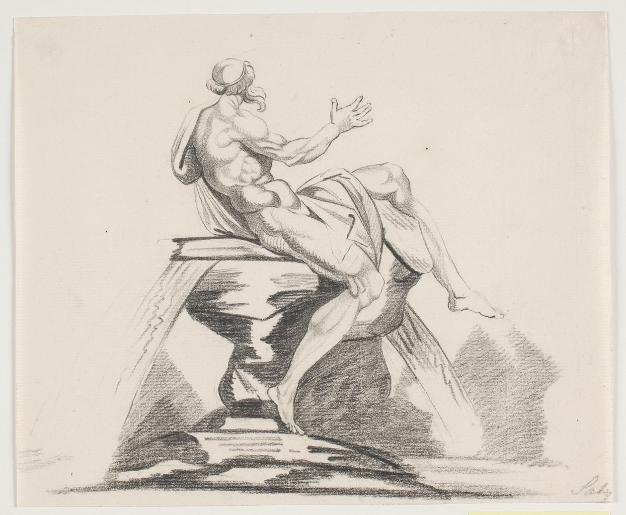 Figura barbuda masculina em vestes vistas de trás em uma fonte de Jacques Francois Joseph Saly