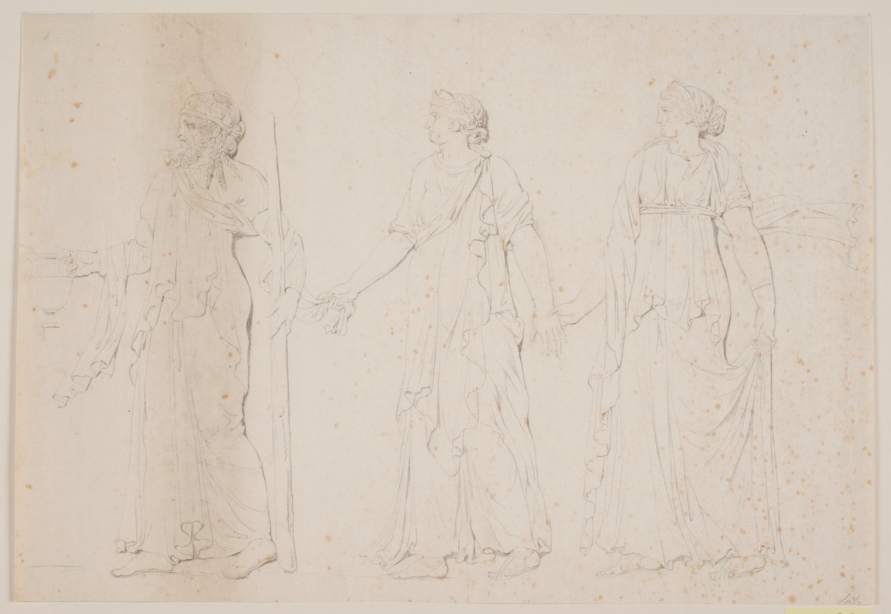 Ato de sacrifício (?) Três figuras ambulantes em vestes gregas. Na frente um homem carregando uma ânfora e um cajado ou tocha, depois duas mulheres de Jacques Francois Joseph Saly