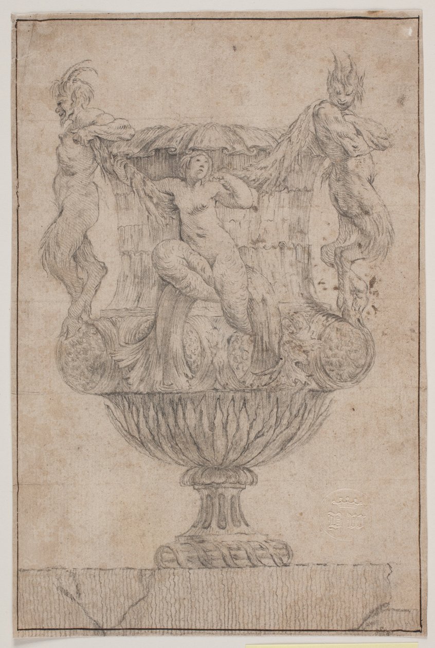 Vaso decorativo com Pan, fauno e ninfa. Copie após Pl. 14 no conjunto de vasos desenhado por Saly em 1746. "Vasa a se inventar..." de Jacques Francois Joseph Saly