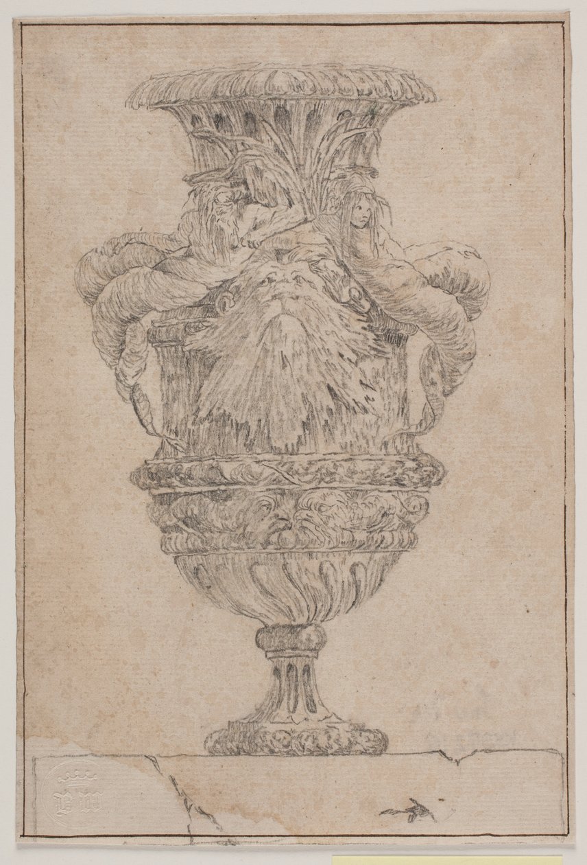 Vaso ornamental com cabeça grande, deus do mar e ninfa da água. Copie após Pl. 26 no conjunto de vasos desenhado por Saly em 1746. "Vasa a se inventar..." de Jacques Francois Joseph Saly