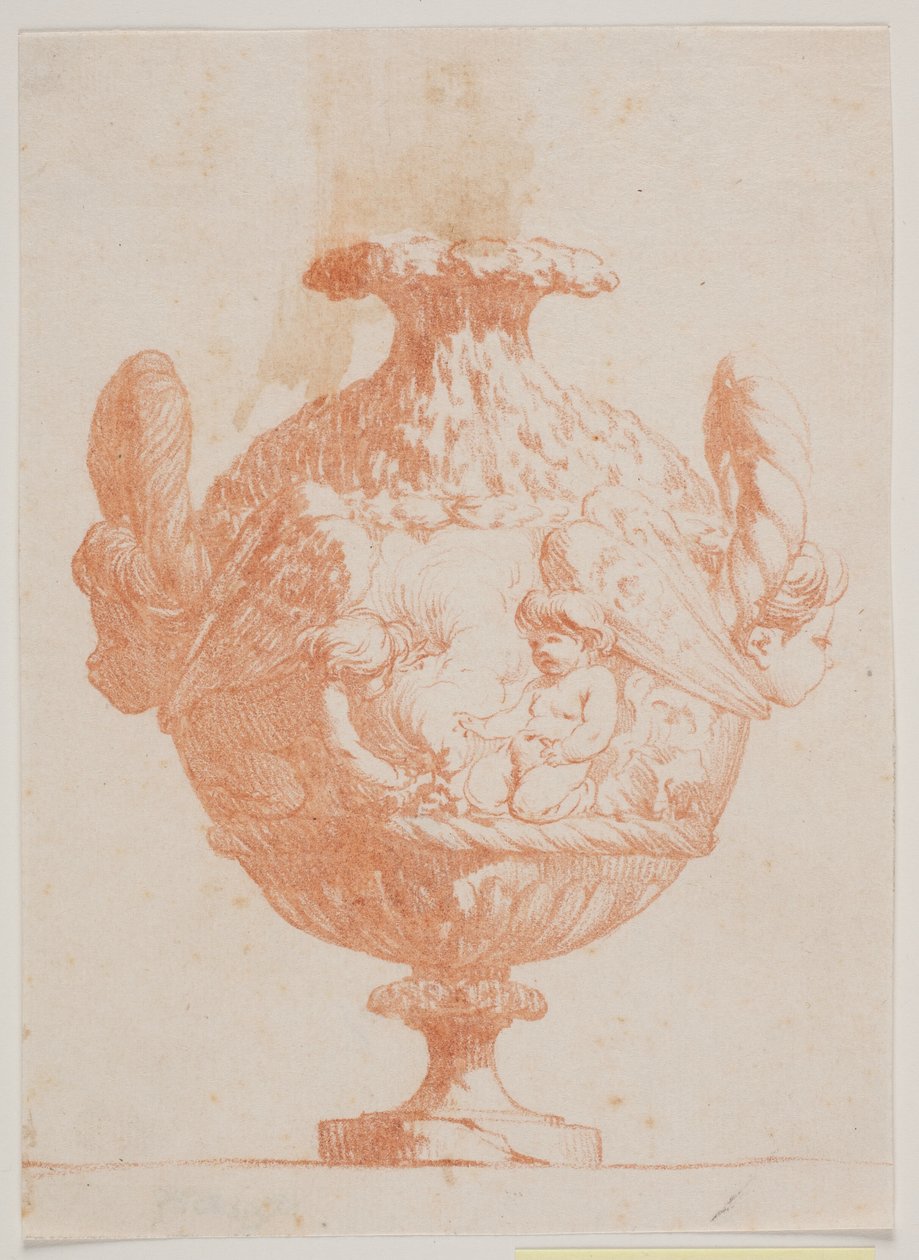 Vaso decorativo com duas cabeças e dois putti. Copie de acordo com pl. 19 no conjunto de vasos desenhado por Saly em 1746. "Vasa a se inventar..." de Jacques Francois Joseph Saly