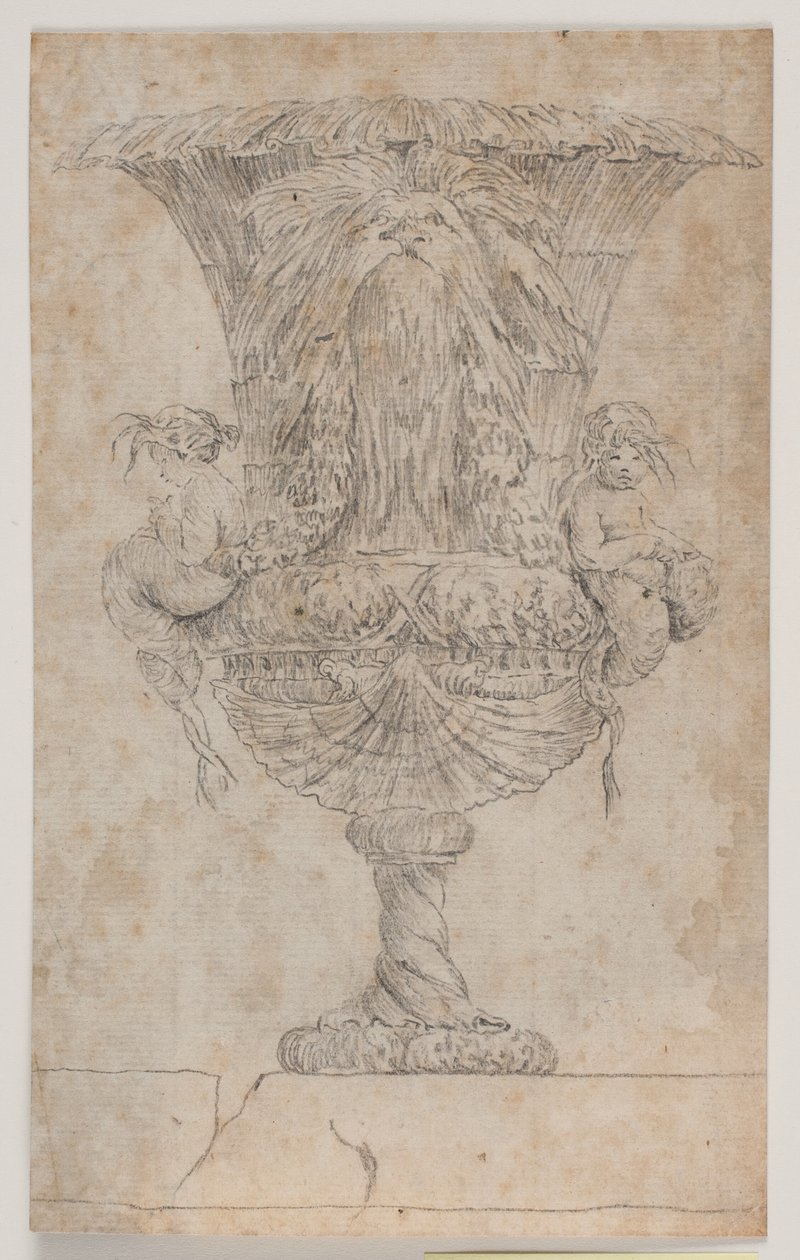Vaso decorativo com dois putti (sereias?). Copie após a edição (pl. 9) no conjunto de vasos desenhados por Saly em 1746. "Vasa a se inventar..." de Jacques Francois Joseph Saly