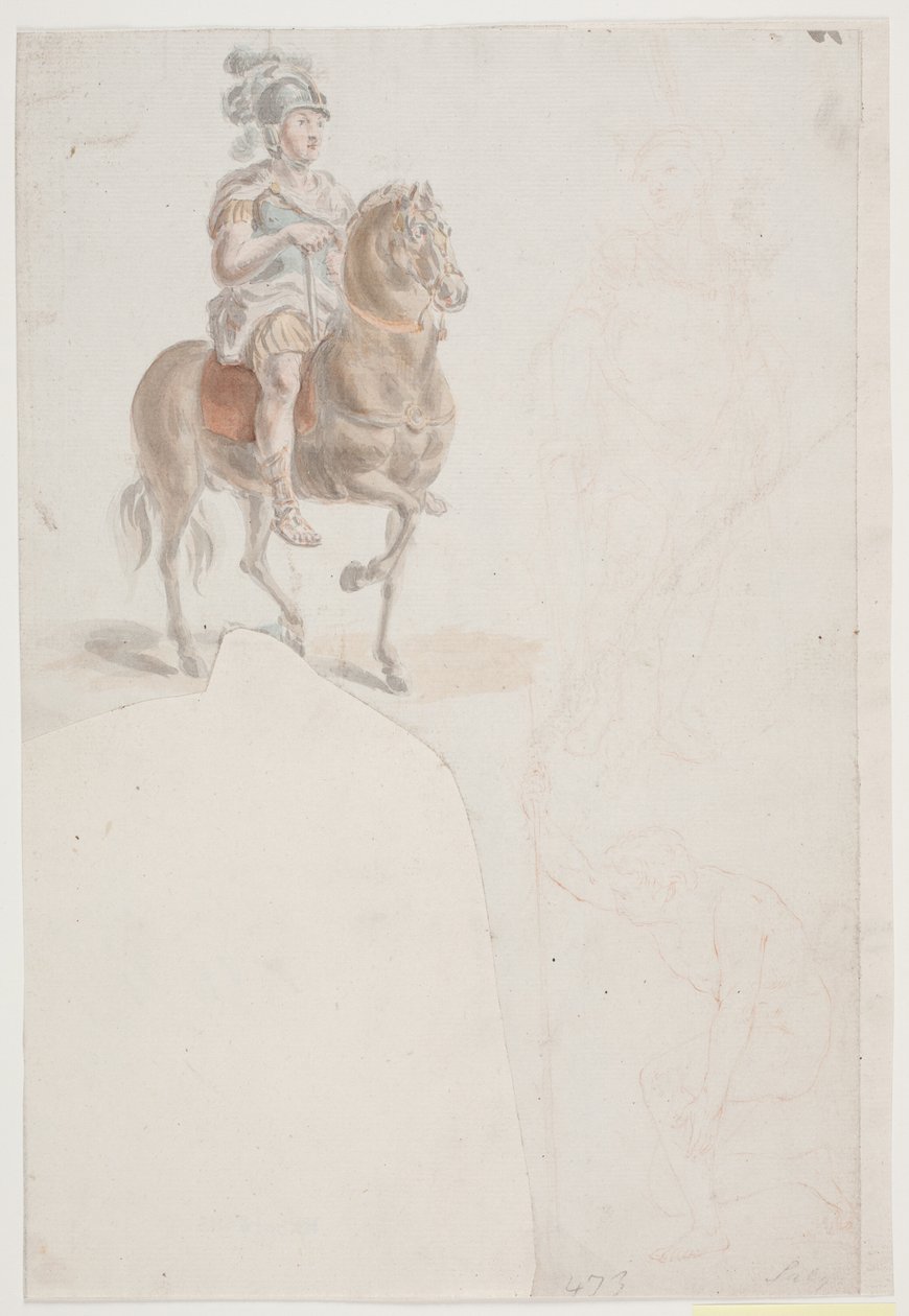 Cavaleiro em traje romano com capacete emplumado. Também dois tênues desenhos de giz vermelho de homens de pé e meio ajoelhados. de Jacques Francois Joseph Saly