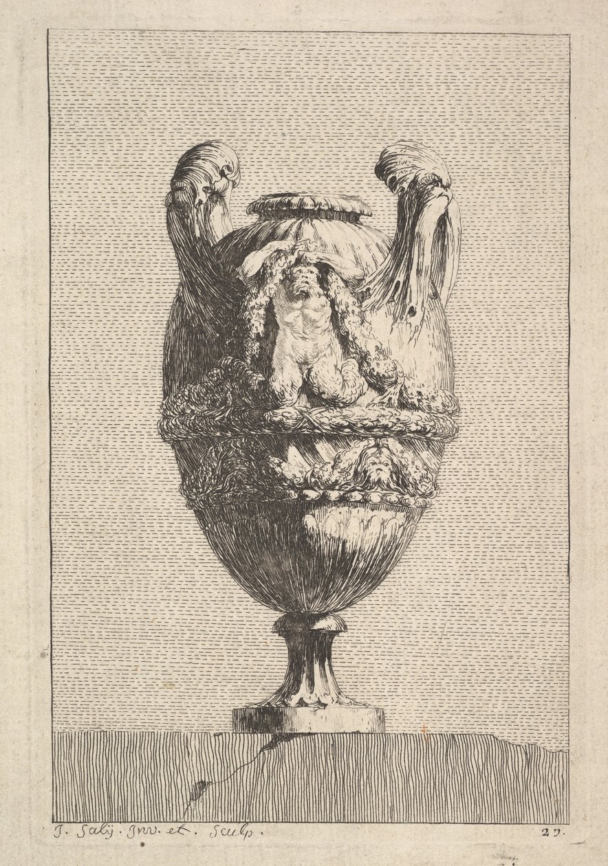 Vaso com uma sirene masculina segurando uma guirlanda, de: Vasos, 1746. de Jacques Francois Joseph Saly