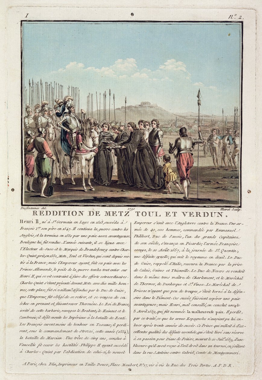 Henri II (1519-59) recebe as chaves de Metz, Toul e Verdun (1552), gravadas por Jean Baptiste Morret (fl.1790-1820), 1790 (litografia colorida) de Jacques Francois Joseph Swebach