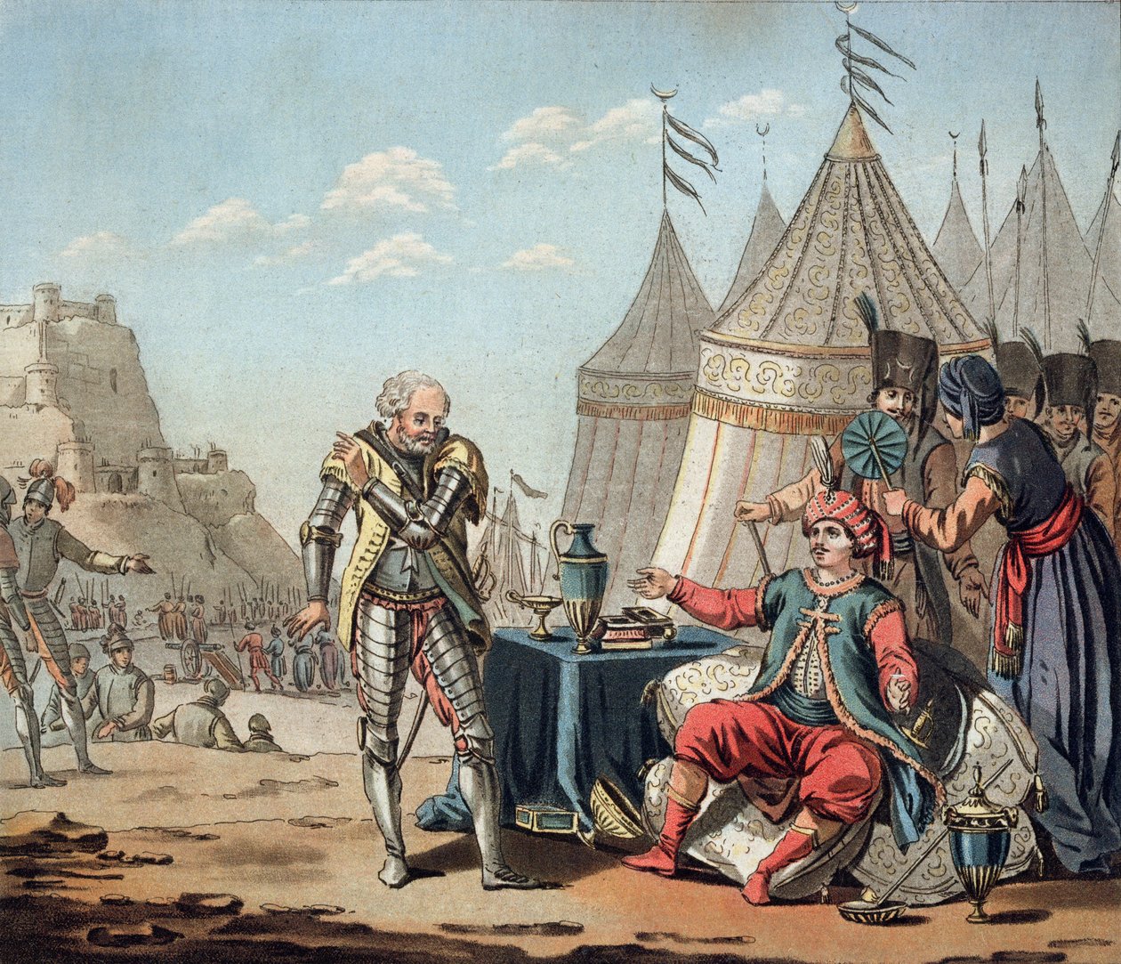 Philippe Villiers de L&39;Isle-Adam (1464-1534) recusa as proposições de Sulayman I (1494-1566), 1522, gravado por Jean Baptiste Morret (fl.1790-1820), 1792 de Jacques Francois Joseph Swebach
