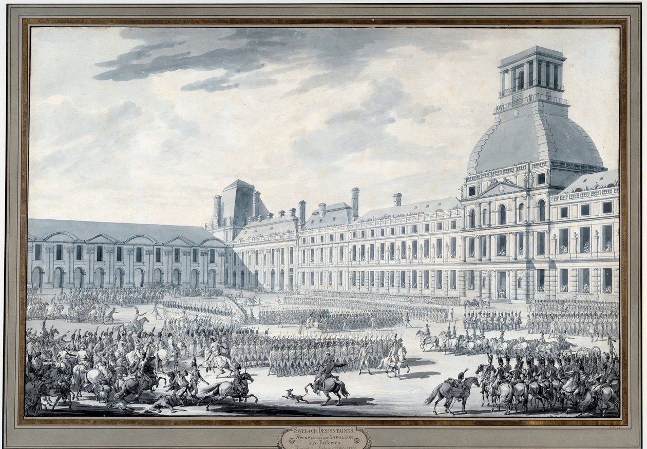 Revue des troupes de Napoleão Bonaparte (1769-1821) no Tuileries Engraving de Jacques Swebach dit Fontaine (1769-1823) Paris do século XIX, Musee Carnavalet de Jacques Francois Joseph Swebach