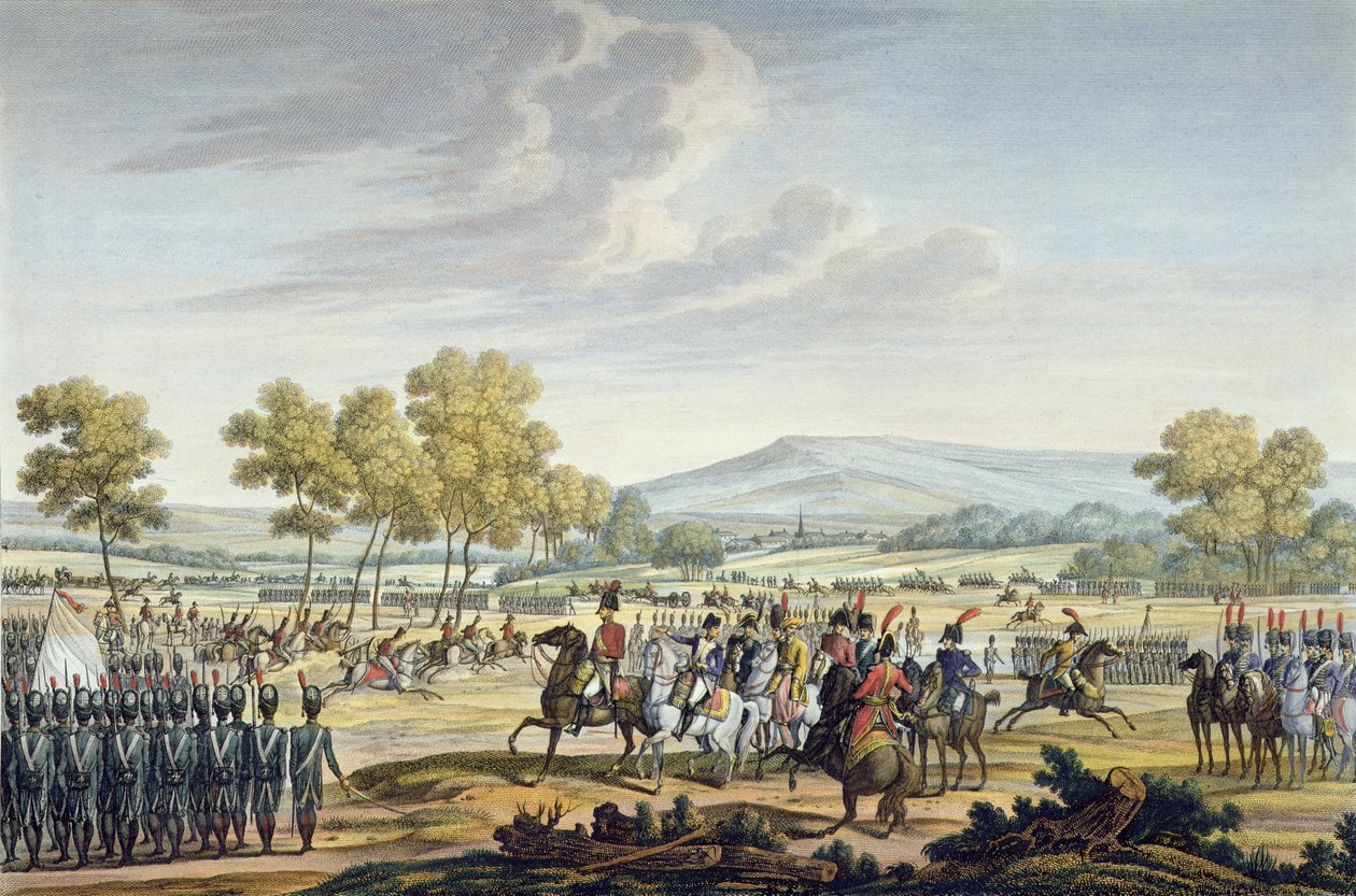 A Guarda Imperial Manobrando na Presença dos Dois Imperadores em Tilsit, 28 de junho de 1807, gravada por Edme Bovinet (1767-1832) (aquatint) de Jacques Francois Joseph Swebach
