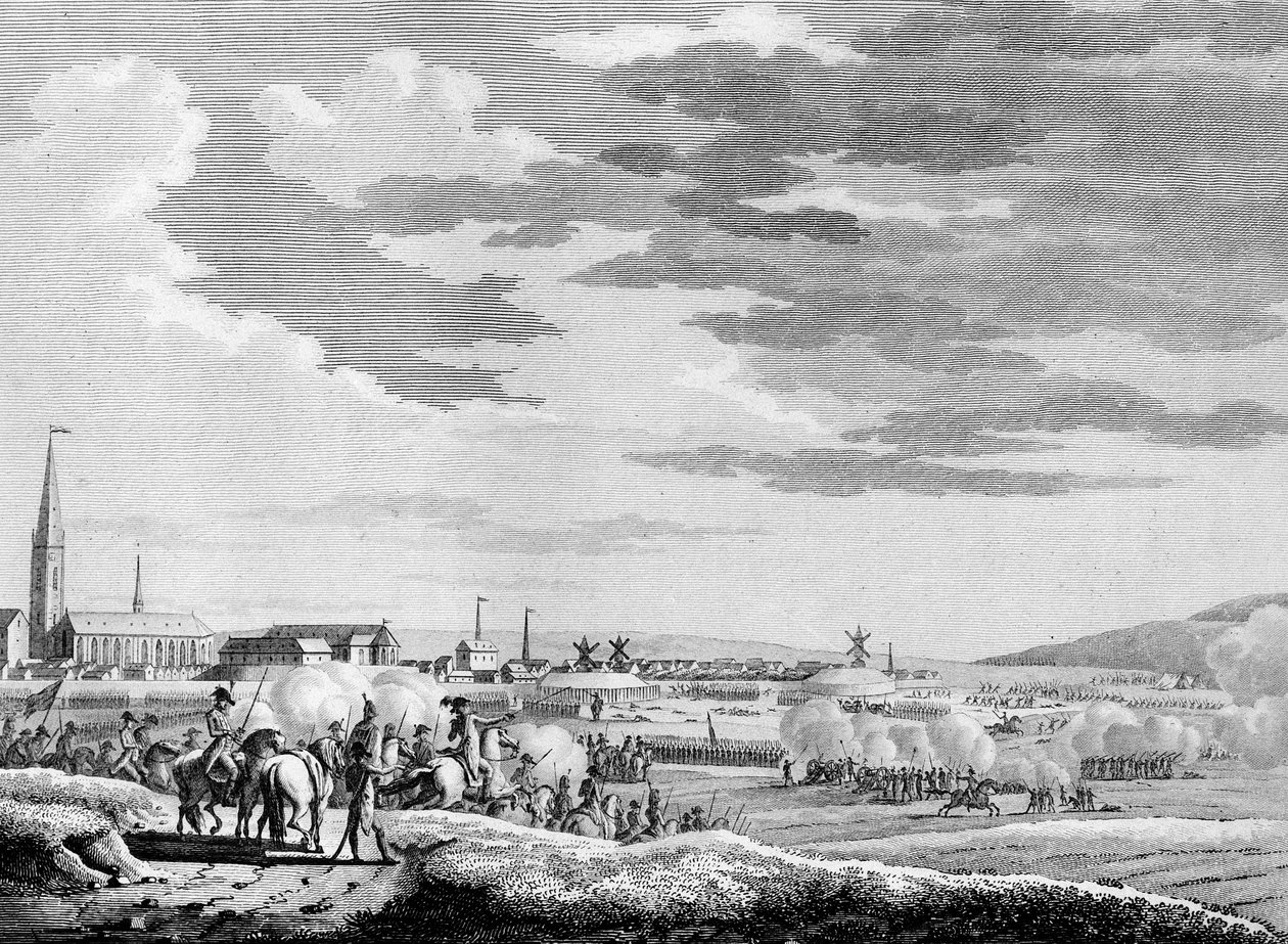 Guerra da Revolução Francesa e movimentos anti-revolucionários: A vitória francesa da Batalha de Hondschoote, perto de Dunquerque, contra as tropas anti-revolucionárias britânicas e austríacas em 1793. Gravação por Berthaut depois de Swebach. Paris, Biblio de Jacques Francois Joseph Swebach