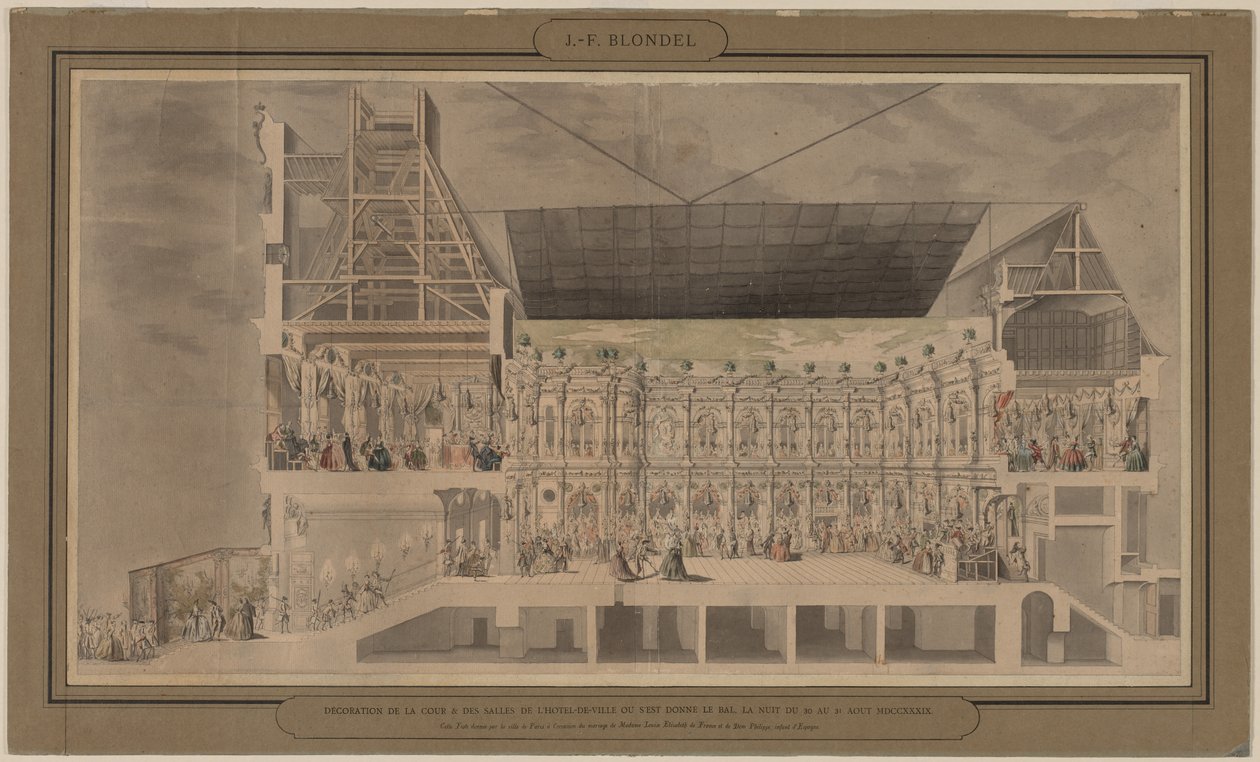 Corte transversal do Hôtel de Ville visto em perspectiva mostrando a decoração e iluminação do pátio e salas criadas por ocasião do baile dado na noite de 30 e 31 de agosto de 1739 de Jacques François Blondel