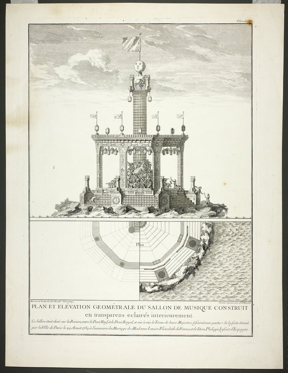 Planta e alçado de uma sala de música, placa três de Description des Festes Données par la Ville de Paris de Jacques François Blondel