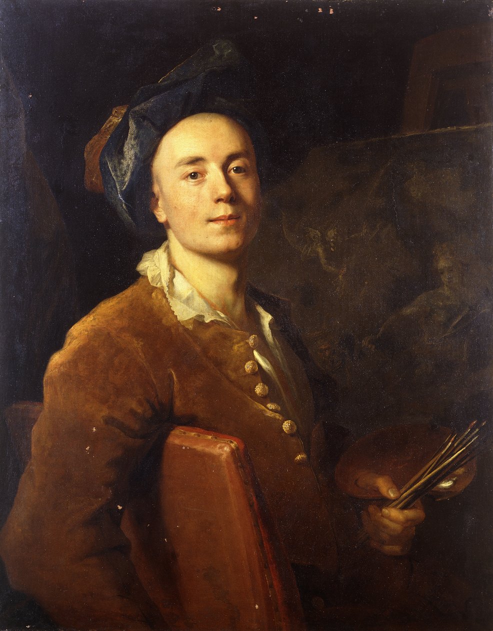 Retrato do artista, sentado a meio comprimento, segurando uma paleta e pincéis, c.1710-15 de Jacques François Delyen