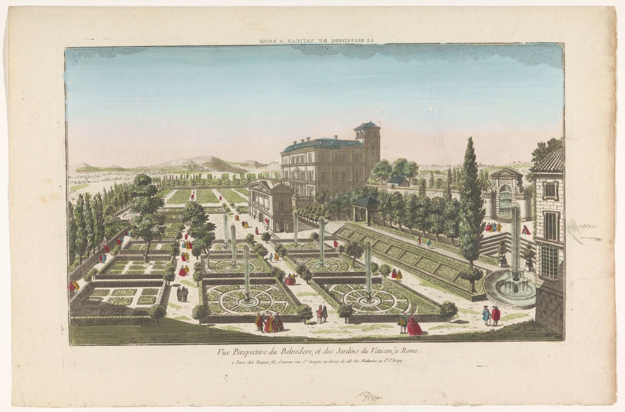 Vista do Giardini Vaticani na Cidade do Vaticano Le Belvedere du Vatican a Rome (título no objeto) de Jacques Gabriel Huquier