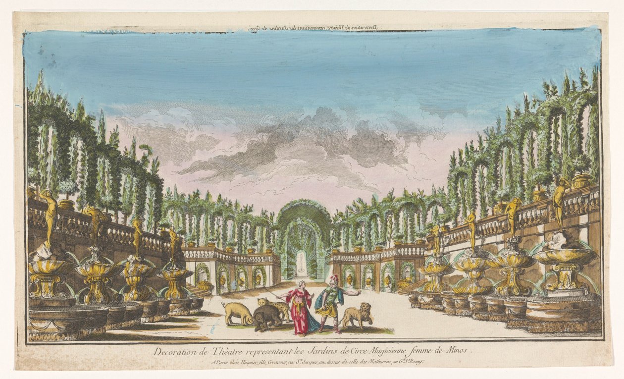 Vista do jardim de Circe. Decoração de teatro, representante dos jardins de Circe (título do objeto) de Jacques Gabriel Huquier