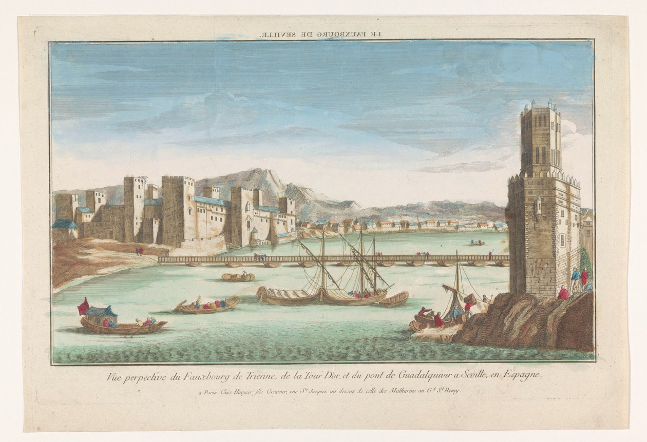Vista do distrito de Triana, uma ponte sobre o rio Guadalquivir e a Torre del Oro em Sevilha Le fauxbourg de Seville (título no objeto) de Jacques Gabriel Huquier