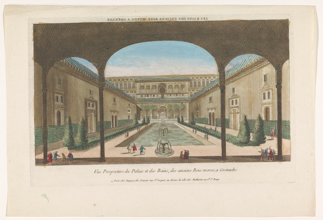 Vista de um pátio com fontes da Alhambra em Granada Les bains des enciens rois Mores, a Grenade (título no objeto) de Jacques Gabriel Huquier