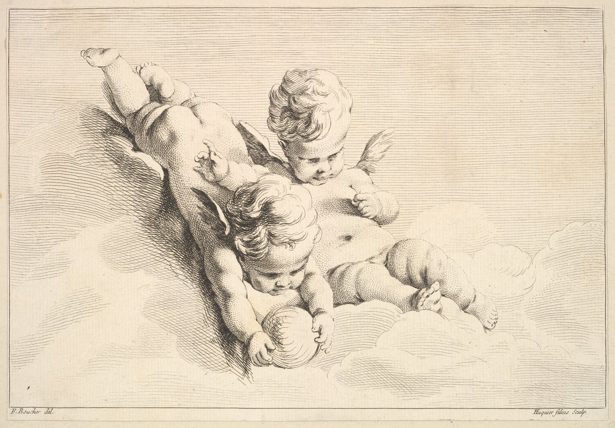 Dois cupidos, um segurando uma bola, meados do século XVIII. de Jacques Gabriel Huquier