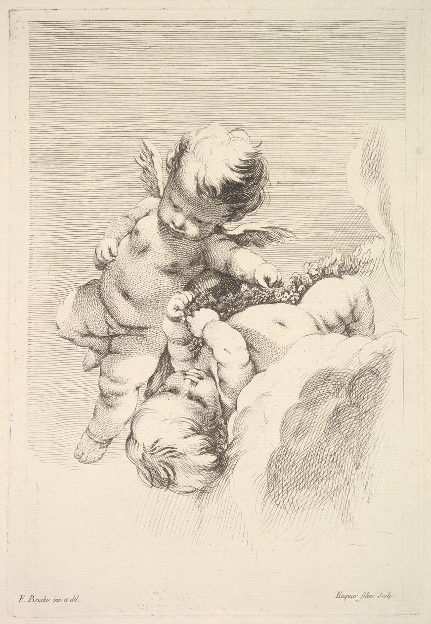 Dois Cupidos, Um Segurando uma Coroa, meados do século XVIII. de Jacques Gabriel Huquier