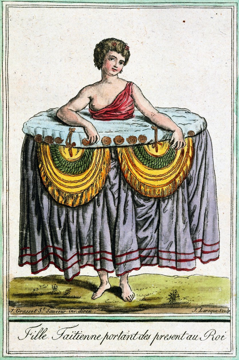 Jovem mulher oferece presentes ao rei, Taiti, Ilhas da Sociedade, gravura da Enciclopédia das Viagens, de Jacques Grasset de Saint-Sauveur (1757-1810) de Jacques Grasset de Saint Sauveur