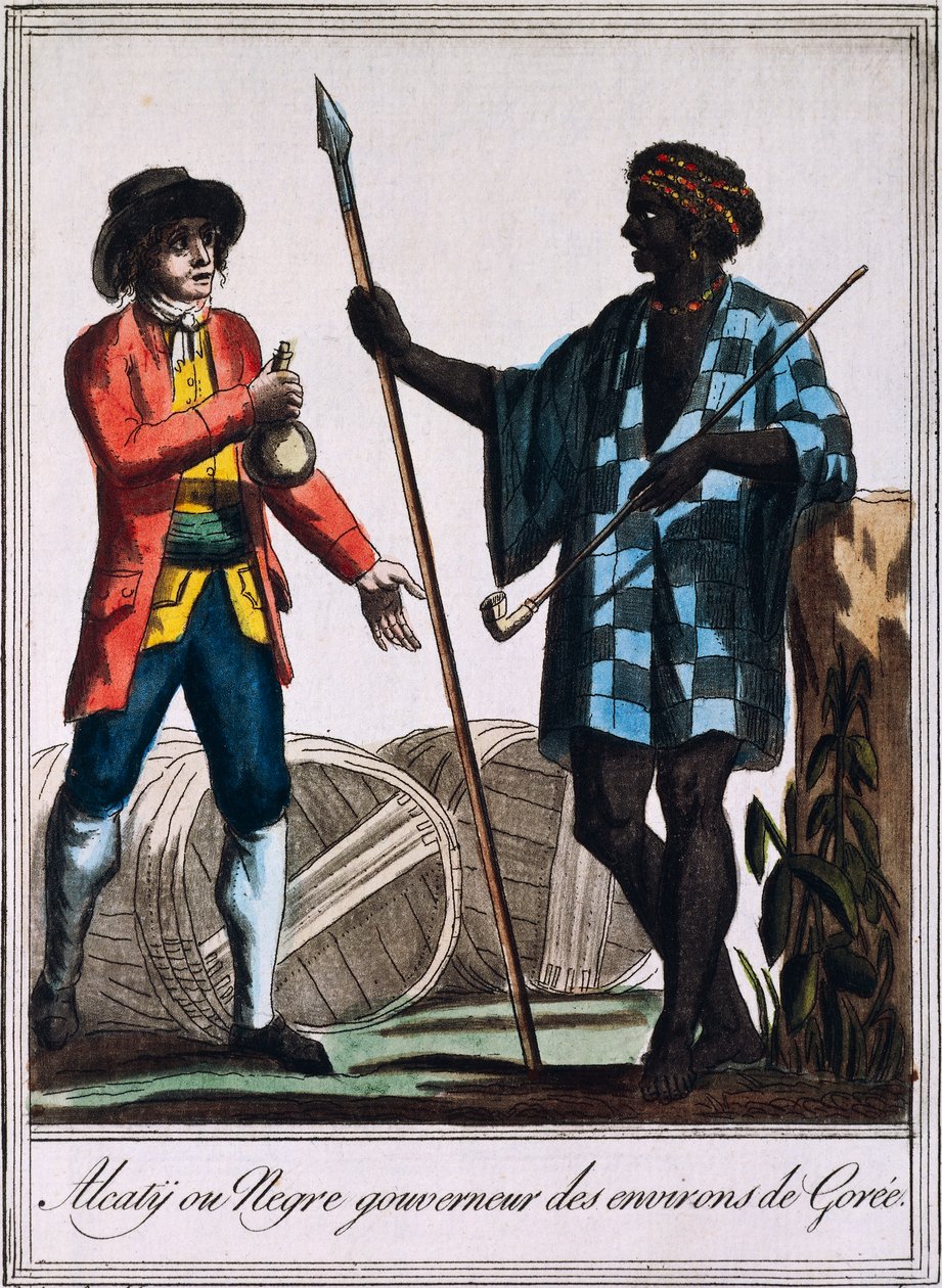 Alcaty, chefe tribal de Goree, Senegal, gravura a partir de um desenho de Labrousse (activo 1796), de Encyclopedie des Voyages, de Jacques Grasset de Saint-Sauveur (1757-1810) de Jacques Grasset de Saint Sauveur