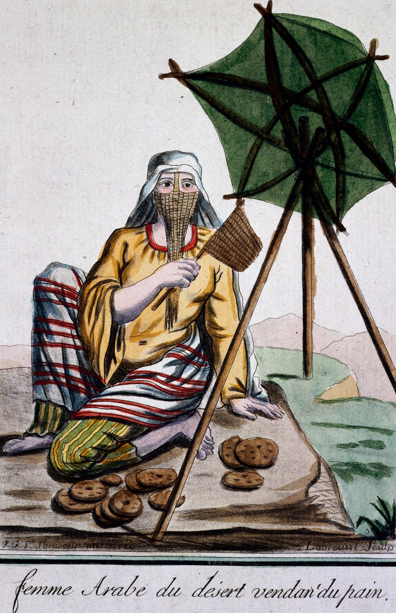 Mulher árabe do deserto vendendo pão, gravura da Encyclopedie des Voyages, de Jacques Grasset de Saint-Sauveur (1757-1810) de Jacques Grasset de Saint Sauveur