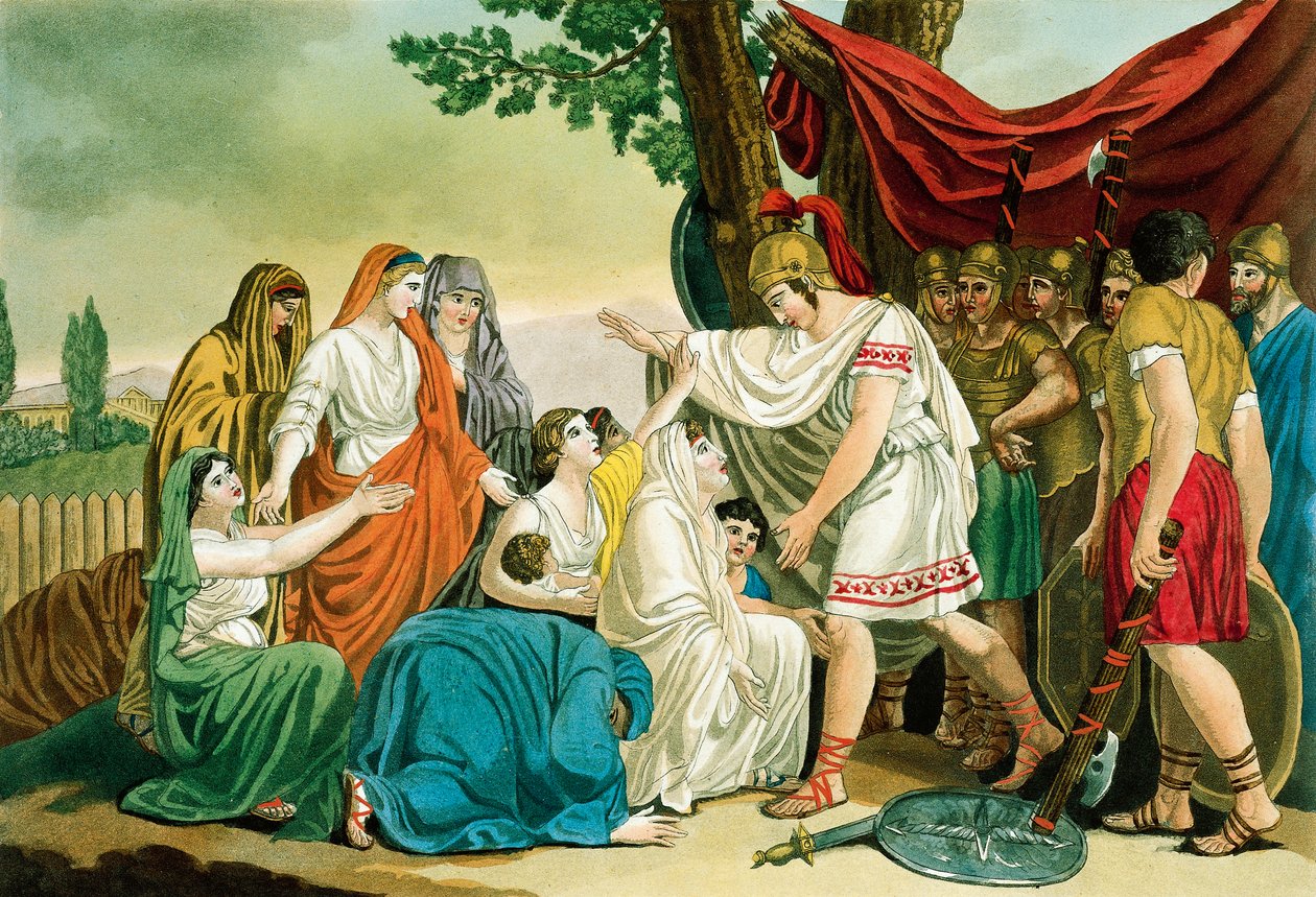 Coriolanus, de Jacques Grasset de Saint-Sauveur (1757-1810), gravura da Roma Antiga, ou descrição histórica e pictórica de tudo o que diz respeito ao povo romano, seus militares, costumes, vida religiosa e pública de Jacques Grasset de Saint Sauveur