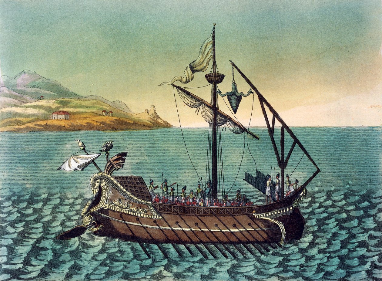 Duilius Corvus (dispositivo de embarque) no navio de guerra da galé romana, de Jacques Grasset de Saint-Sauveur (1757-1810), gravura da Roma Antiga de Jacques Grasset de Saint Sauveur