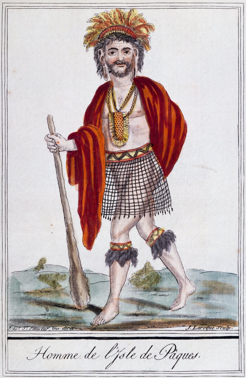 Nativo da Ilha de Páscoa, gravura colorida por Laroque, Polinésia de Jacques Grasset de Saint Sauveur