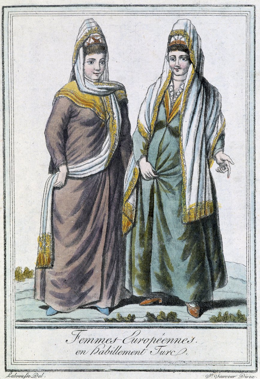 Mulheres europeias em vestuário turco - in "Encyclopédie des voyages" de Grasset Saint Sauveur, ed. Paris 1796 de Jacques Grasset de Saint Sauveur