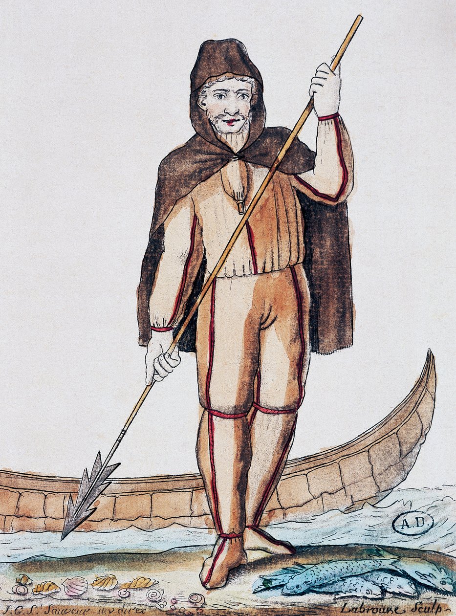 Fato de pesca, gravura a cores do desenho de Labrousse (activo 1796), de Encyclopedie des Voyages, de Jacques Grasset de Saint-Sauveur (1757-1810) de Jacques Grasset de Saint Sauveur