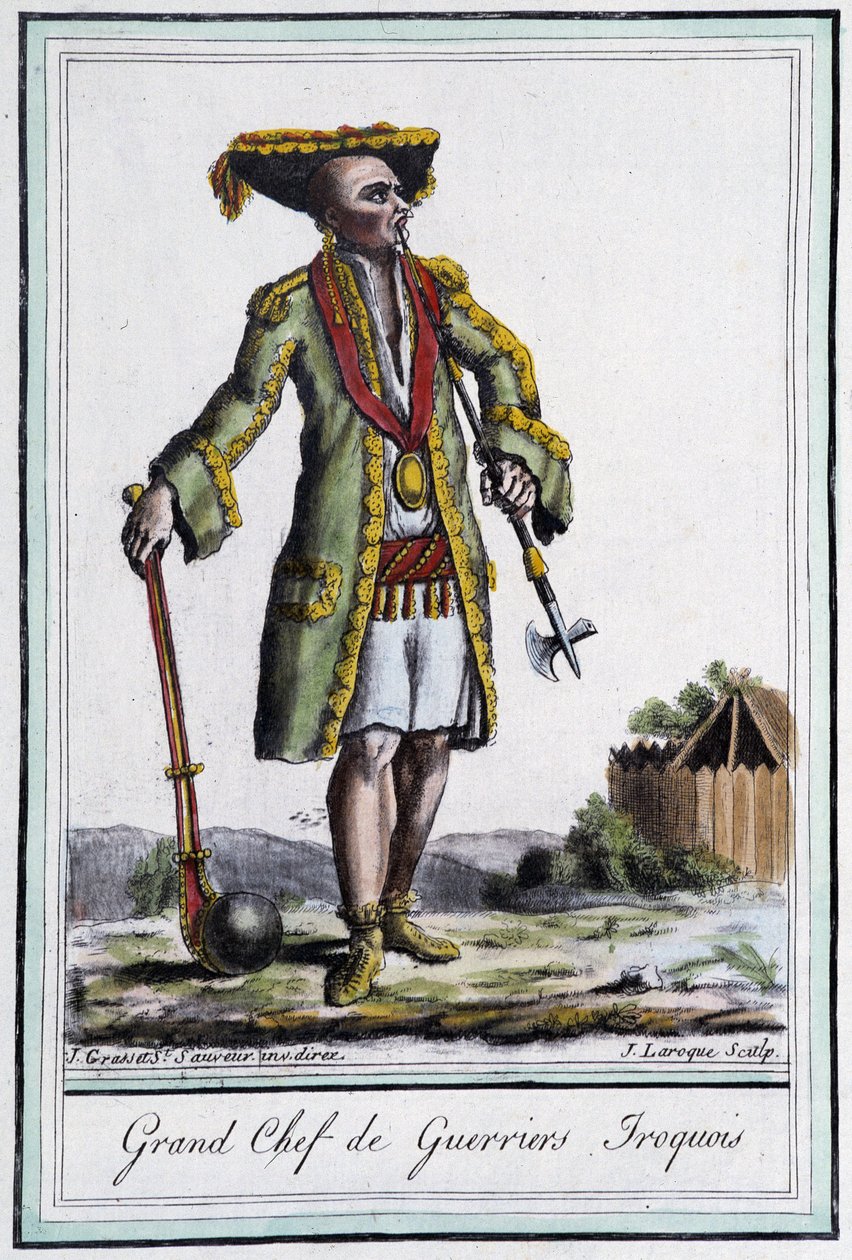 Grande Chefe dos Guerreiros Iroqueses - in "Encyclopedia of Travels" de Grasset St Sauveur, Paris de Jacques Grasset de Saint Sauveur